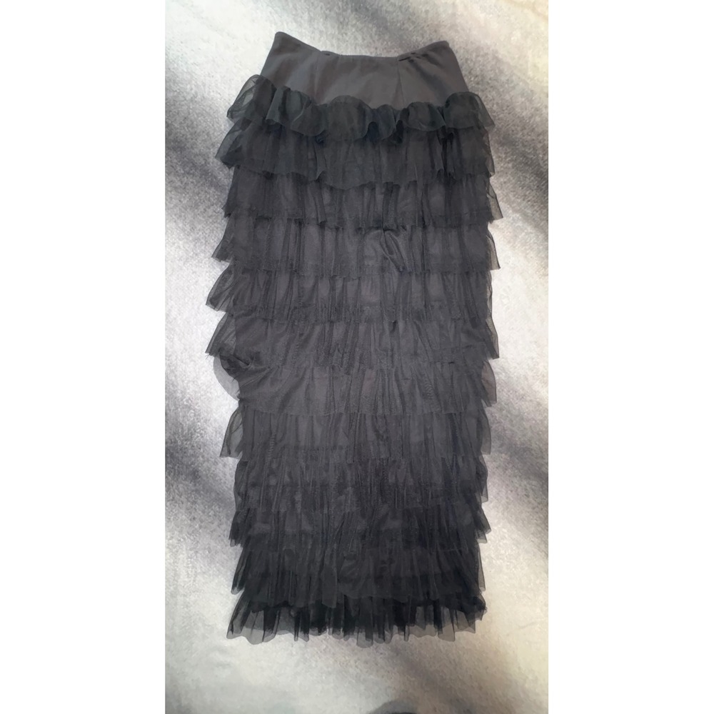 (S) Dark Gray Tulle Tiered Ruffle Maxi Skirt Stretch Size S Goth Mesh